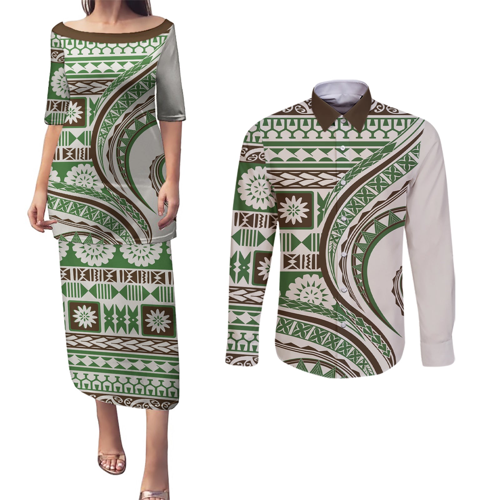Hawaiian Hibiscus Tribal Vintage Motif Couples Matching Puletasi and Long Sleeve Button Shirt Ver 7 LT9 Green - Polynesian Pride