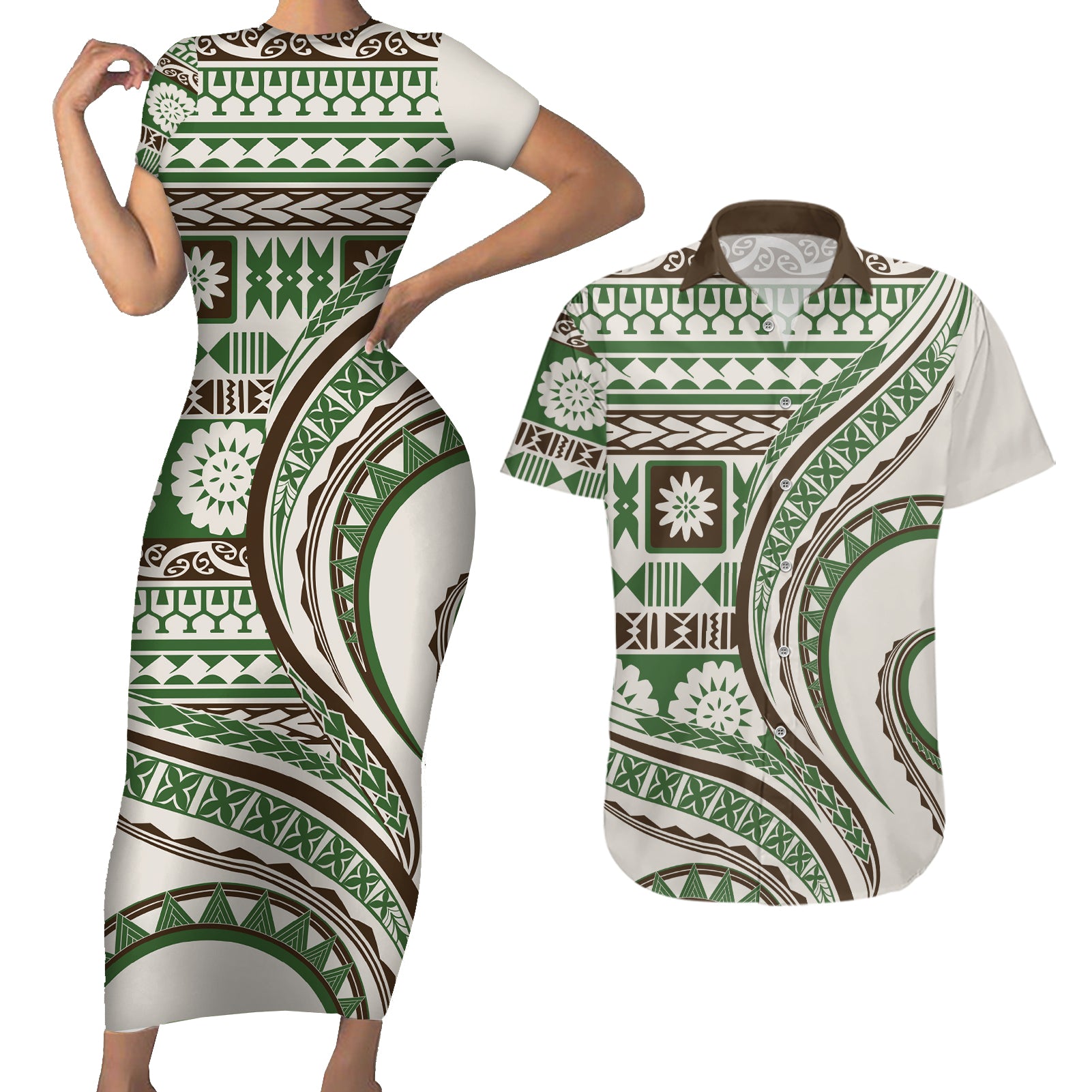 Hawaiian Hibiscus Tribal Vintage Motif Couples Matching Short Sleeve Bodycon Dress and Hawaiian Shirt Ver 7