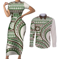 Hawaiian Hibiscus Tribal Vintage Motif Couples Matching Short Sleeve Bodycon Dress and Long Sleeve Button Shirt Ver 7