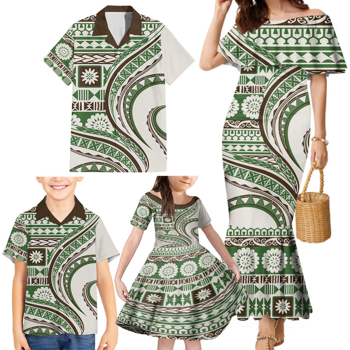 Hawaiian Hibiscus Tribal Vintage Motif Family Matching Mermaid Dress and Hawaiian Shirt Ver 7 LT9 - Polynesian Pride