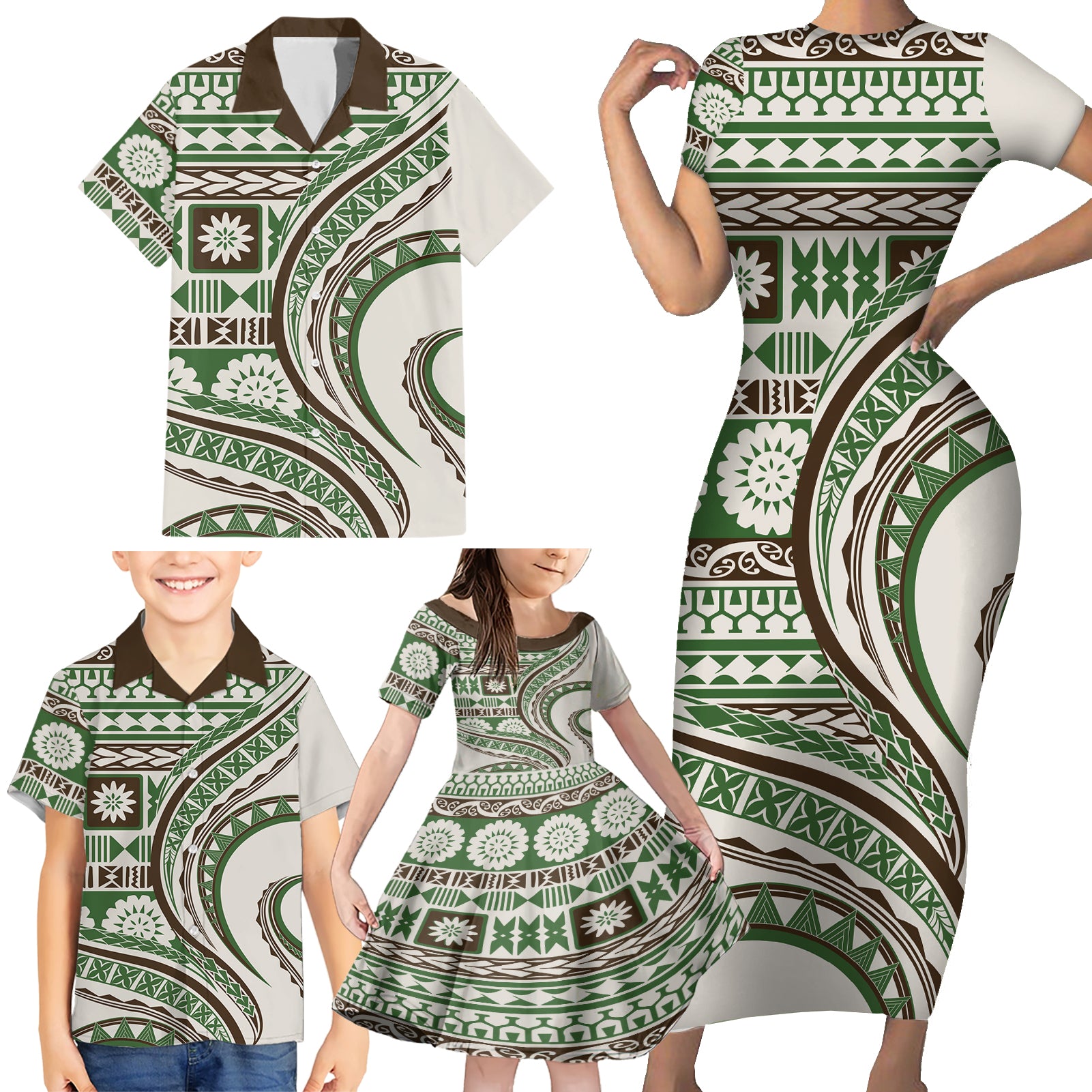 Hawaiian Hibiscus Tribal Vintage Motif Family Matching Short Sleeve Bodycon Dress and Hawaiian Shirt Ver 7