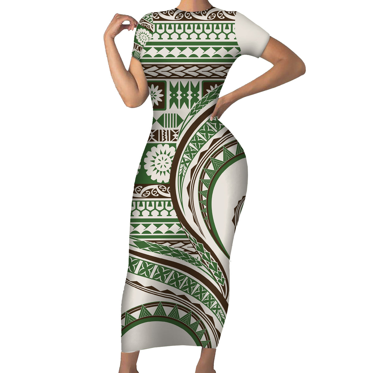 Hawaiian Hibiscus Tribal Vintage Motif Family Matching Short Sleeve Bodycon Dress and Hawaiian Shirt Ver 7