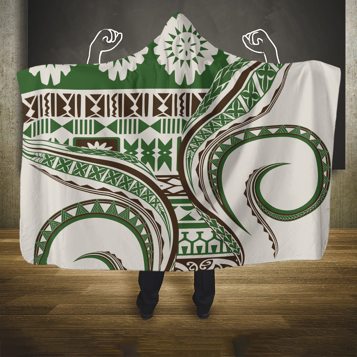 Hawaiian Hibiscus Tribal Vintage Motif Hooded Blanket Ver 7 LT9 One Size Green - Polynesian Pride