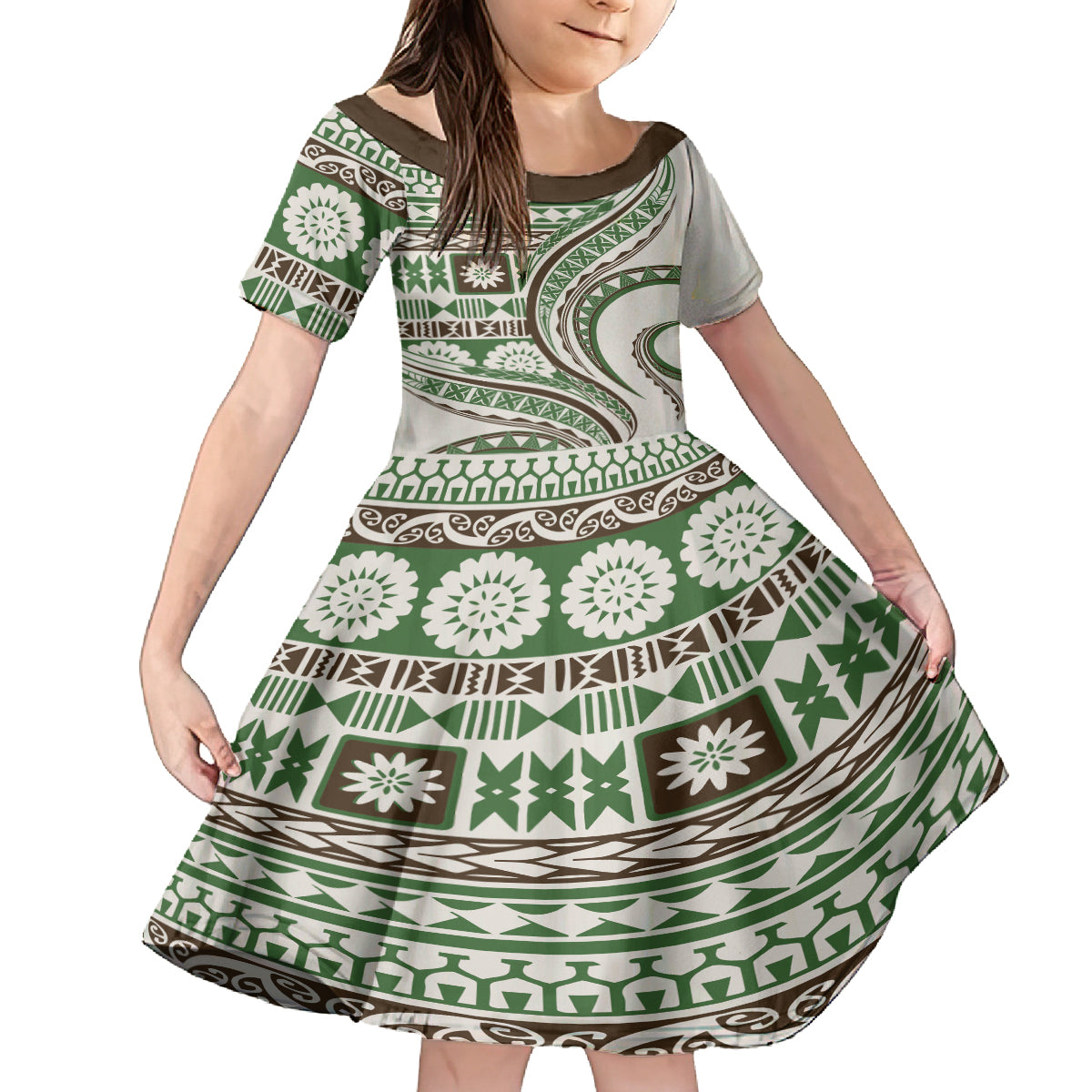 Hawaiian Hibiscus Tribal Vintage Motif Kid Short Sleeve Dress Ver 7 LT9 KID Green - Polynesian Pride