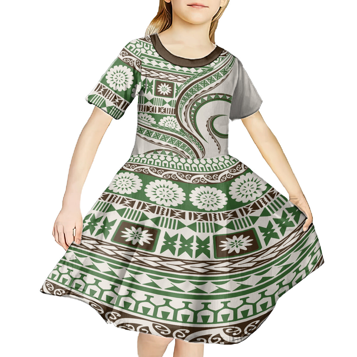 Hawaiian Hibiscus Tribal Vintage Motif Kid Short Sleeve Dress Ver 7 LT9 - Polynesian Pride