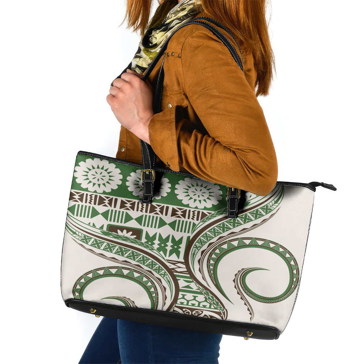 Hawaiian Hibiscus Tribal Vintage Motif Leather Tote Bag Ver 7 LT9 Green - Polynesian Pride