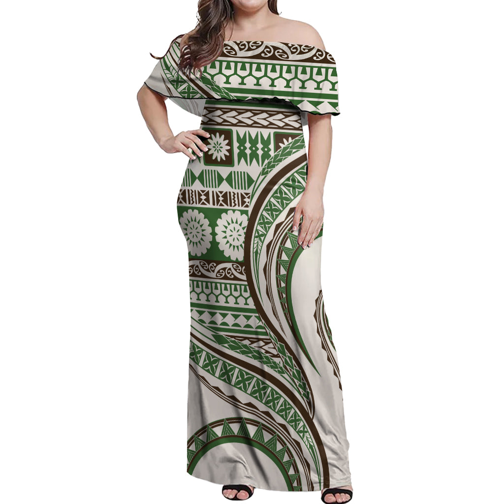 Hawaiian Hibiscus Tribal Vintage Motif Off Shoulder Maxi Dress Ver 7 LT9 Women Green - Polynesian Pride
