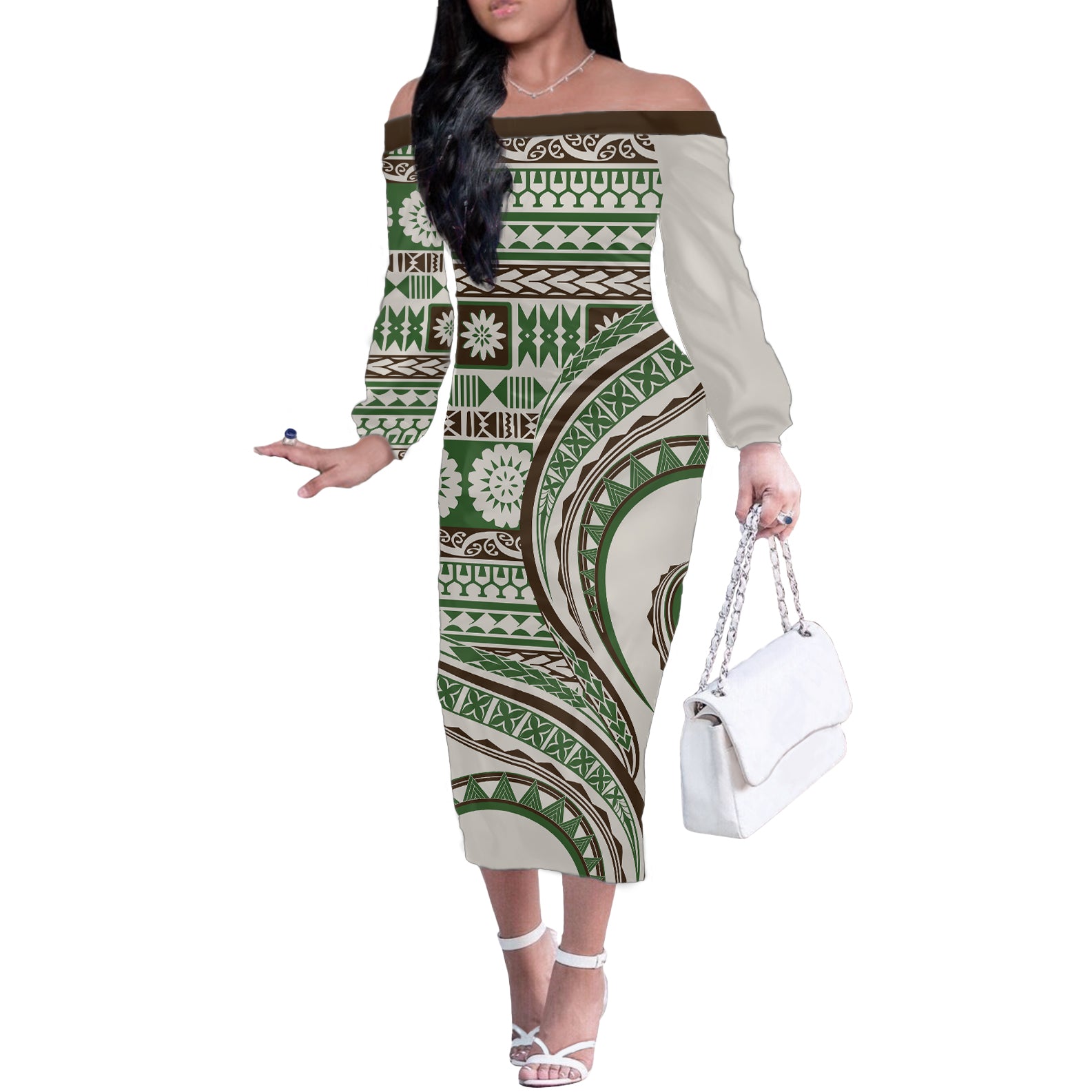 Hawaiian Hibiscus Tribal Vintage Motif Off The Shoulder Long Sleeve Dress Ver 7