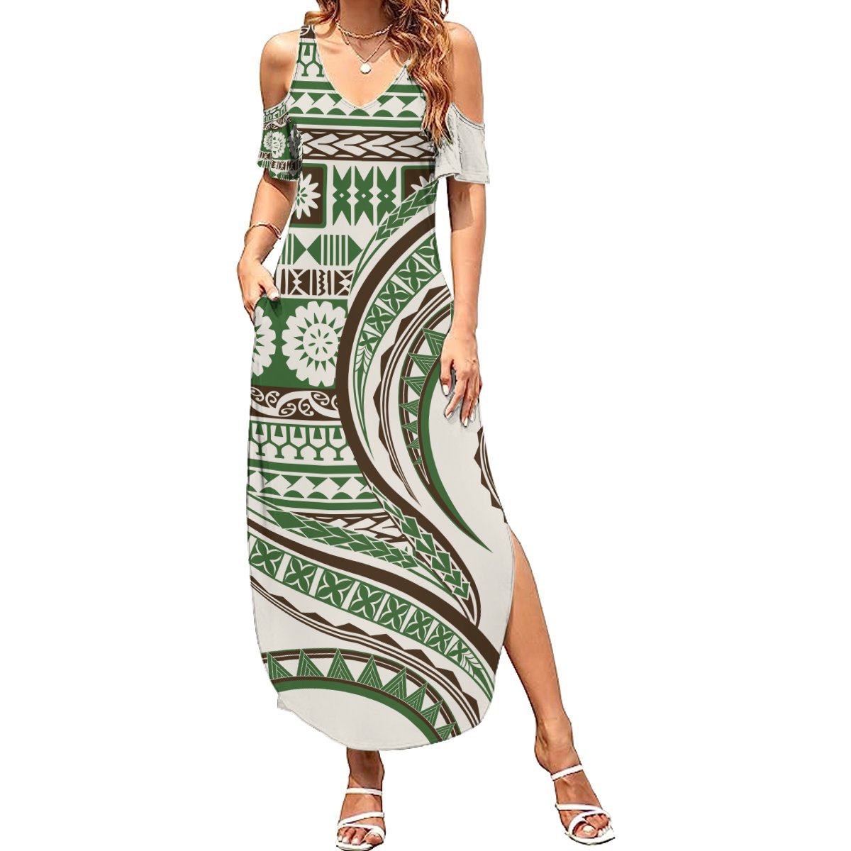 Hawaiian Hibiscus Tribal Vintage Motif Summer Maxi Dress Ver 7 LT9 Women Green - Polynesian Pride
