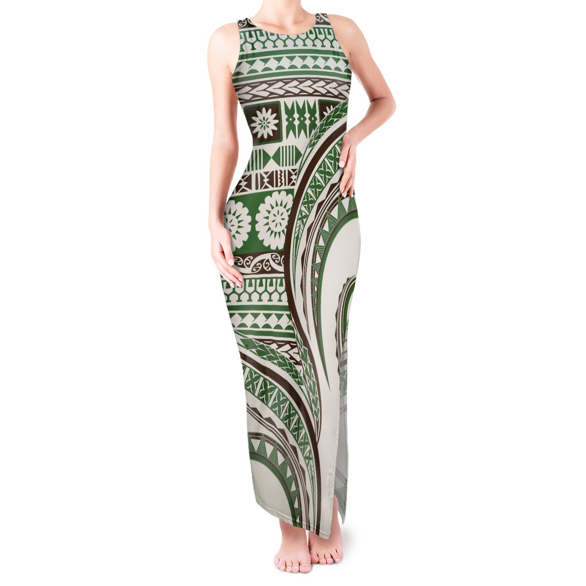 Hawaiian Hibiscus Tribal Vintage Motif Tank Maxi Dress Ver 7 LT9 Women Green - Polynesian Pride