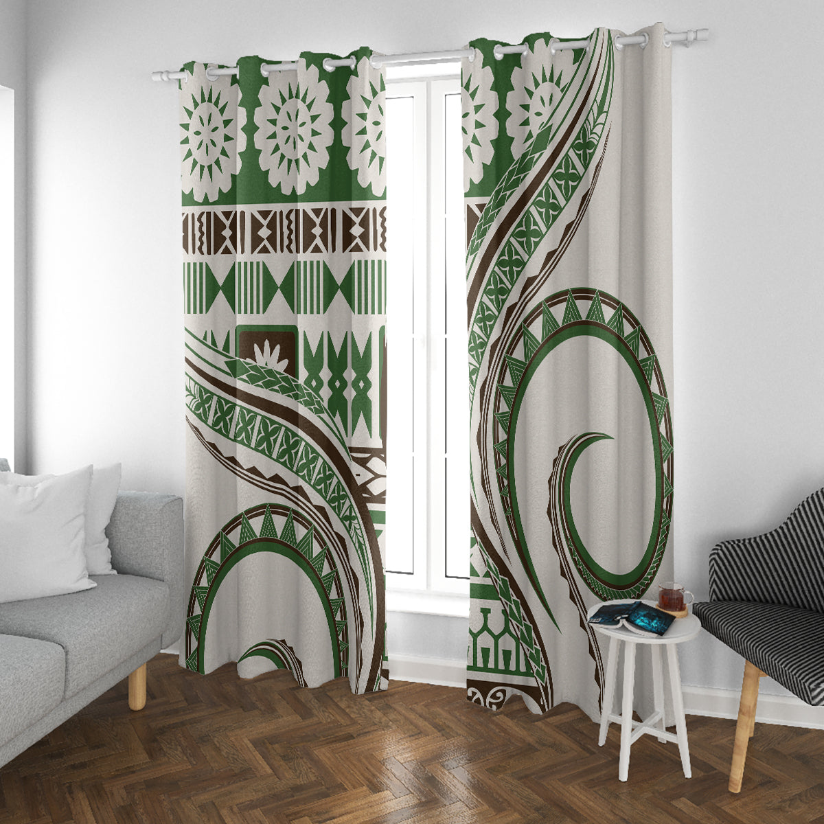 Hawaiian Hibiscus Tribal Vintage Motif Window Curtain Ver 7 LT9 With Grommets Green - Polynesian Pride