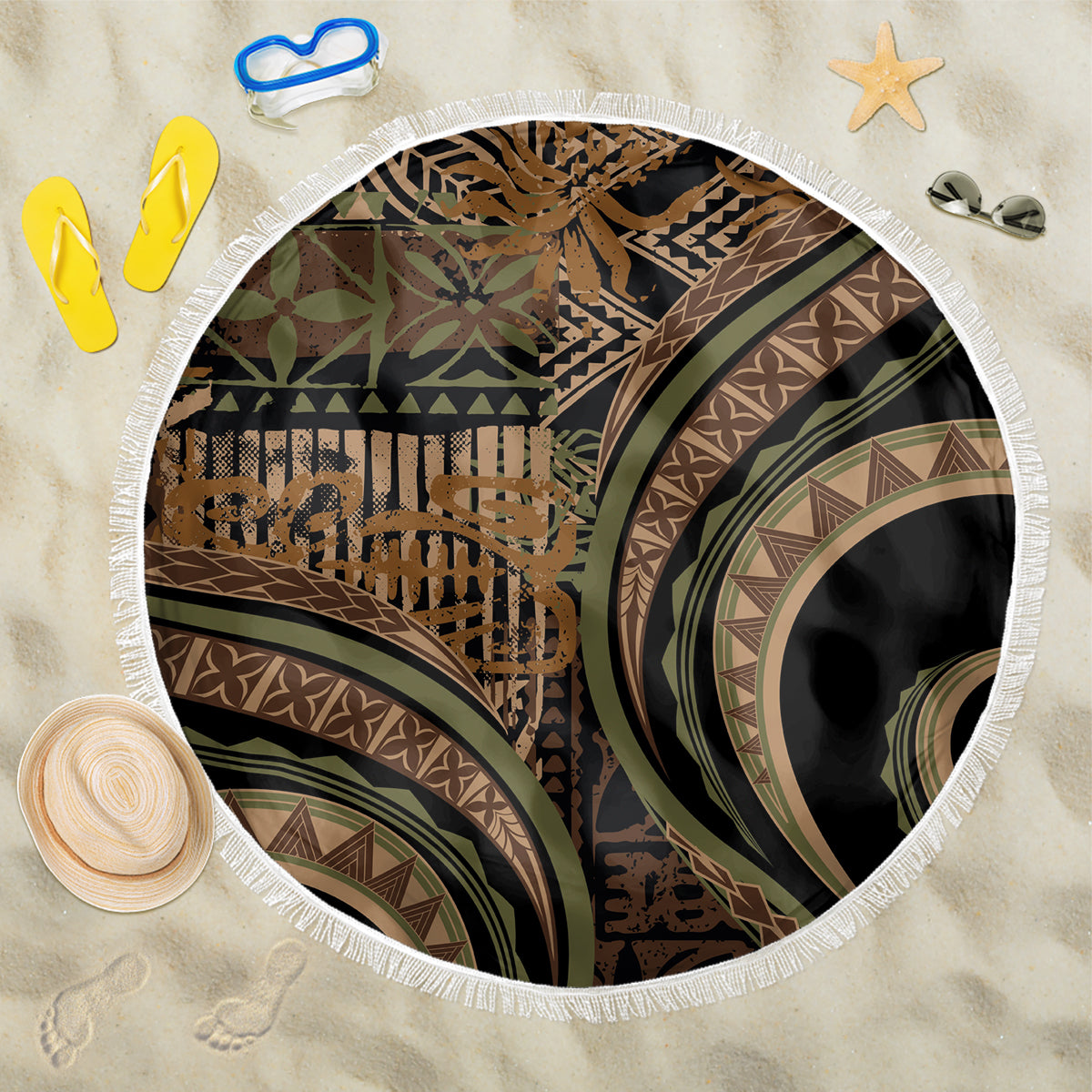 Hawaiian Hibiscus Tribal Vintage Motif Beach Blanket Ver 8 LT9 One Size 150cm Brown - Polynesian Pride