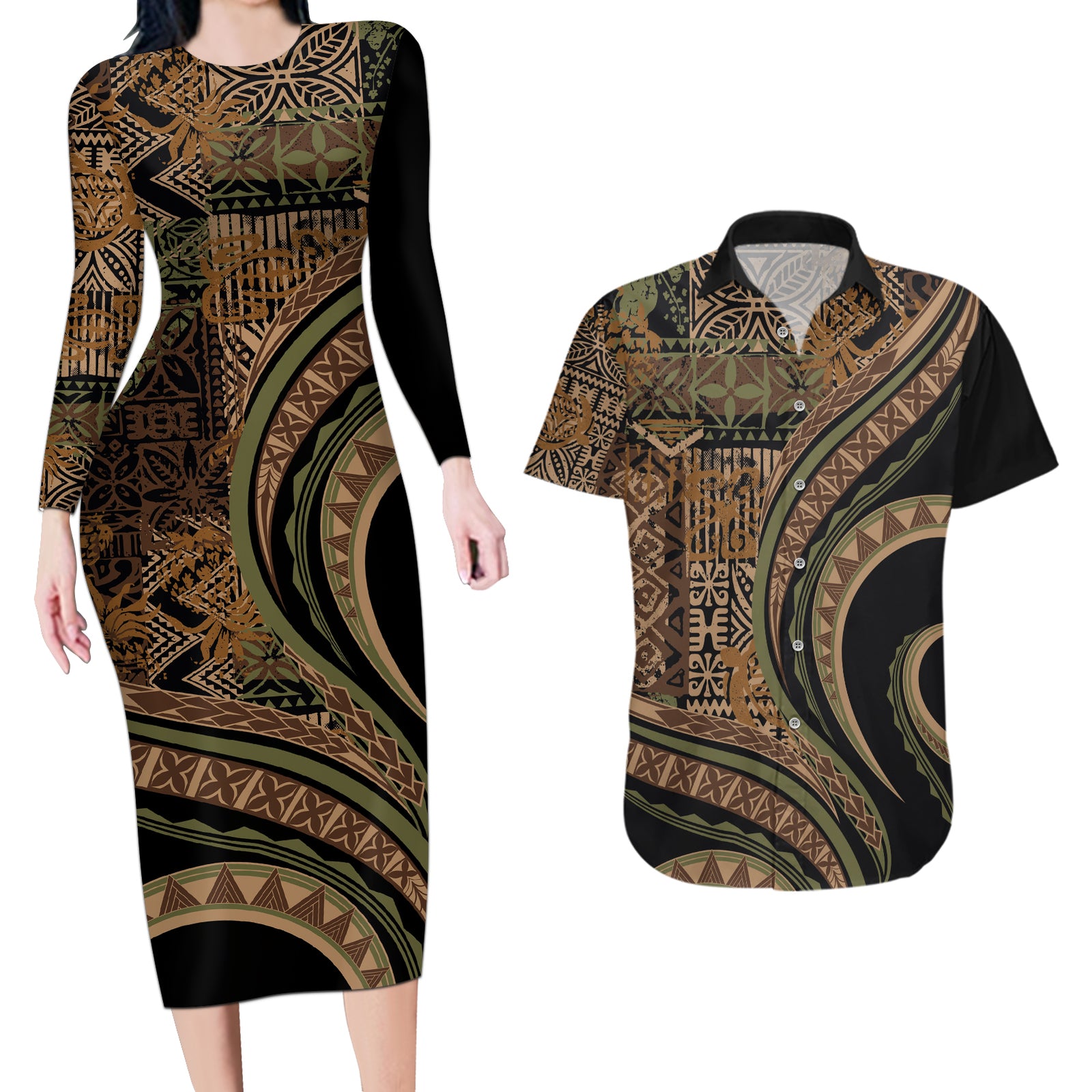 Hawaiian Hibiscus Tribal Vintage Motif Couples Matching Long Sleeve Bodycon Dress and Hawaiian Shirt Ver 8 LT9 Brown - Polynesian Pride