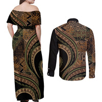 Hawaiian Hibiscus Tribal Vintage Motif Couples Matching Off Shoulder Maxi Dress and Long Sleeve Button Shirt Ver 8