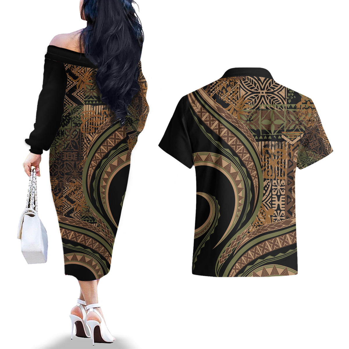 Hawaiian Hibiscus Tribal Vintage Motif Couples Matching Off The Shoulder Long Sleeve Dress and Hawaiian Shirt Ver 8