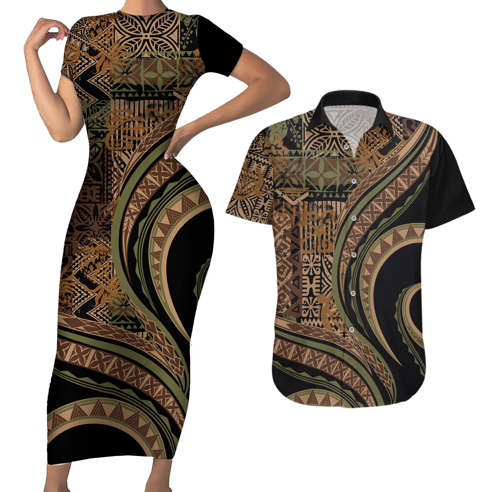 Hawaiian Hibiscus Tribal Vintage Motif Couples Matching Short Sleeve Bodycon Dress and Hawaiian Shirt Ver 8 LT9 Brown - Polynesian Pride