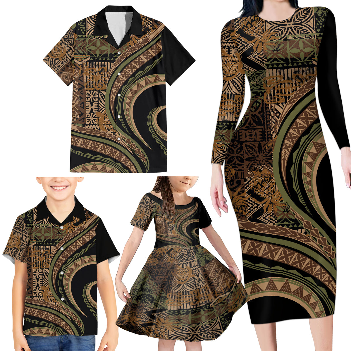 Hawaiian Hibiscus Tribal Vintage Motif Family Matching Long Sleeve Bodycon Dress and Hawaiian Shirt Ver 8