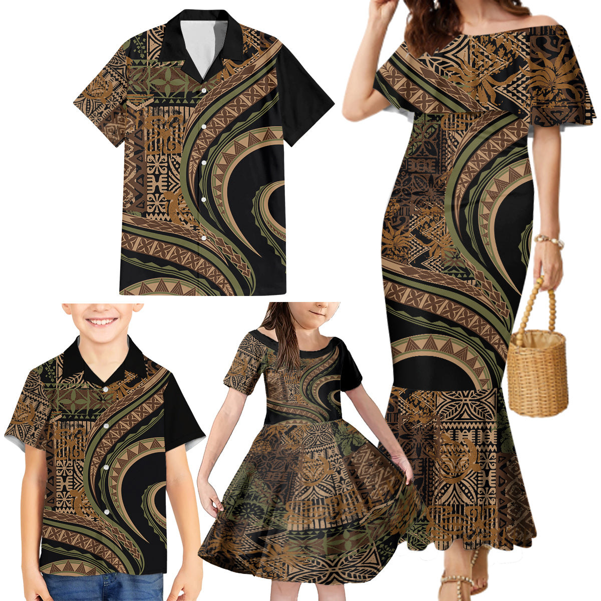 Hawaiian Hibiscus Tribal Vintage Motif Family Matching Mermaid Dress and Hawaiian Shirt Ver 8 LT9 - Polynesian Pride