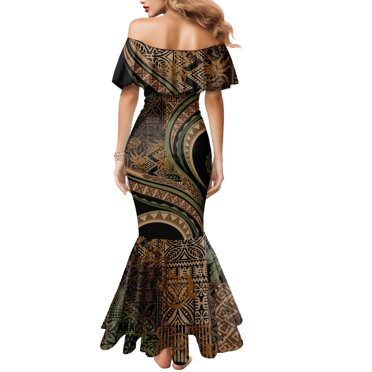 Hawaiian Hibiscus Tribal Vintage Motif Family Matching Mermaid Dress and Hawaiian Shirt Ver 8