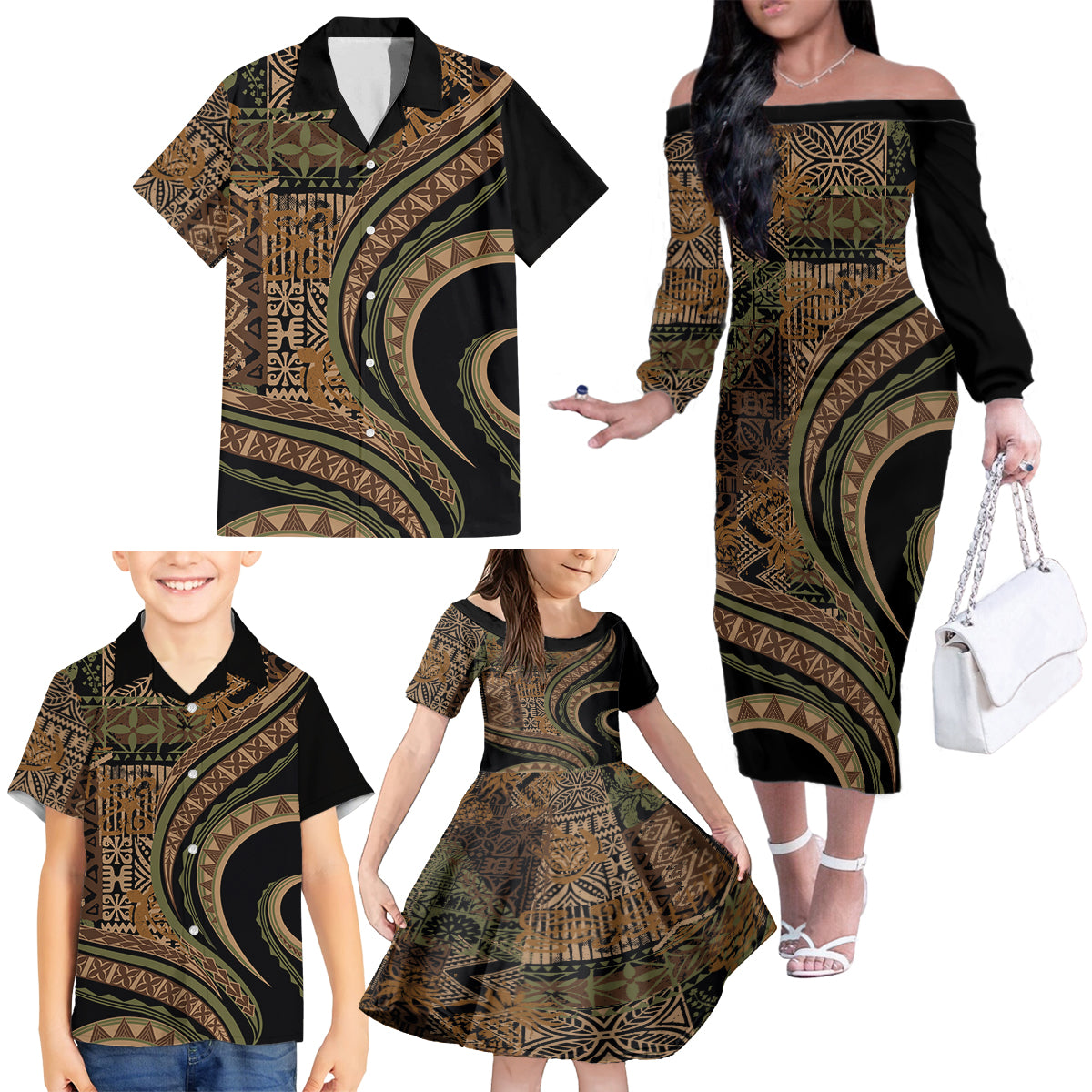 Hawaiian Hibiscus Tribal Vintage Motif Family Matching Off The Shoulder Long Sleeve Dress and Hawaiian Shirt Ver 8 LT9 - Polynesian Pride