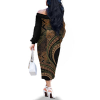Hawaiian Hibiscus Tribal Vintage Motif Family Matching Off The Shoulder Long Sleeve Dress and Hawaiian Shirt Ver 8