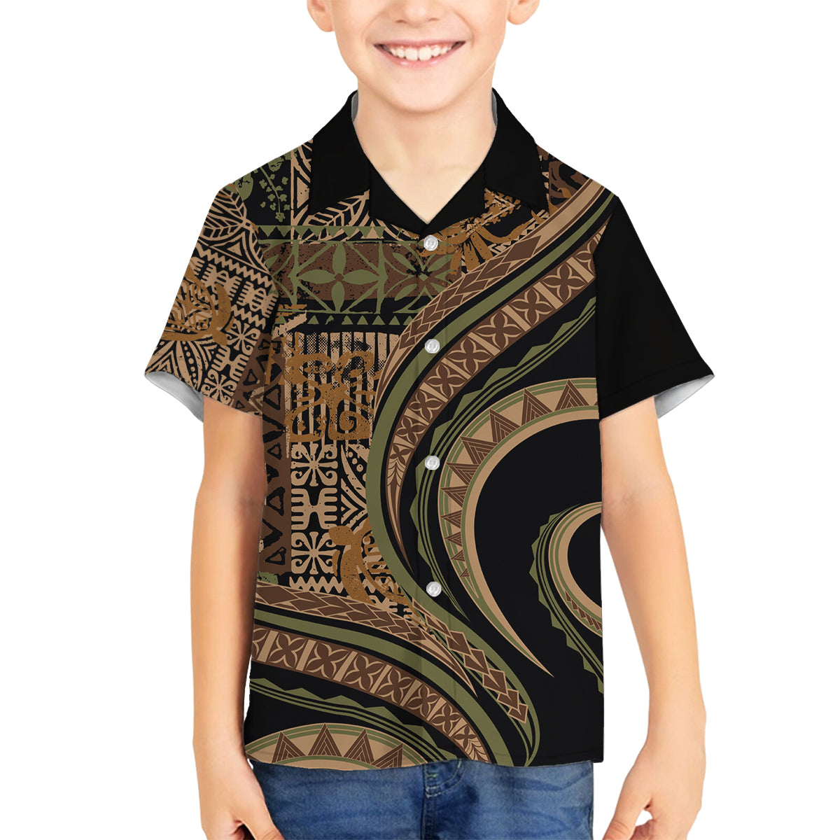 Hawaiian Hibiscus Tribal Vintage Motif Family Matching Off The Shoulder Long Sleeve Dress and Hawaiian Shirt Ver 8