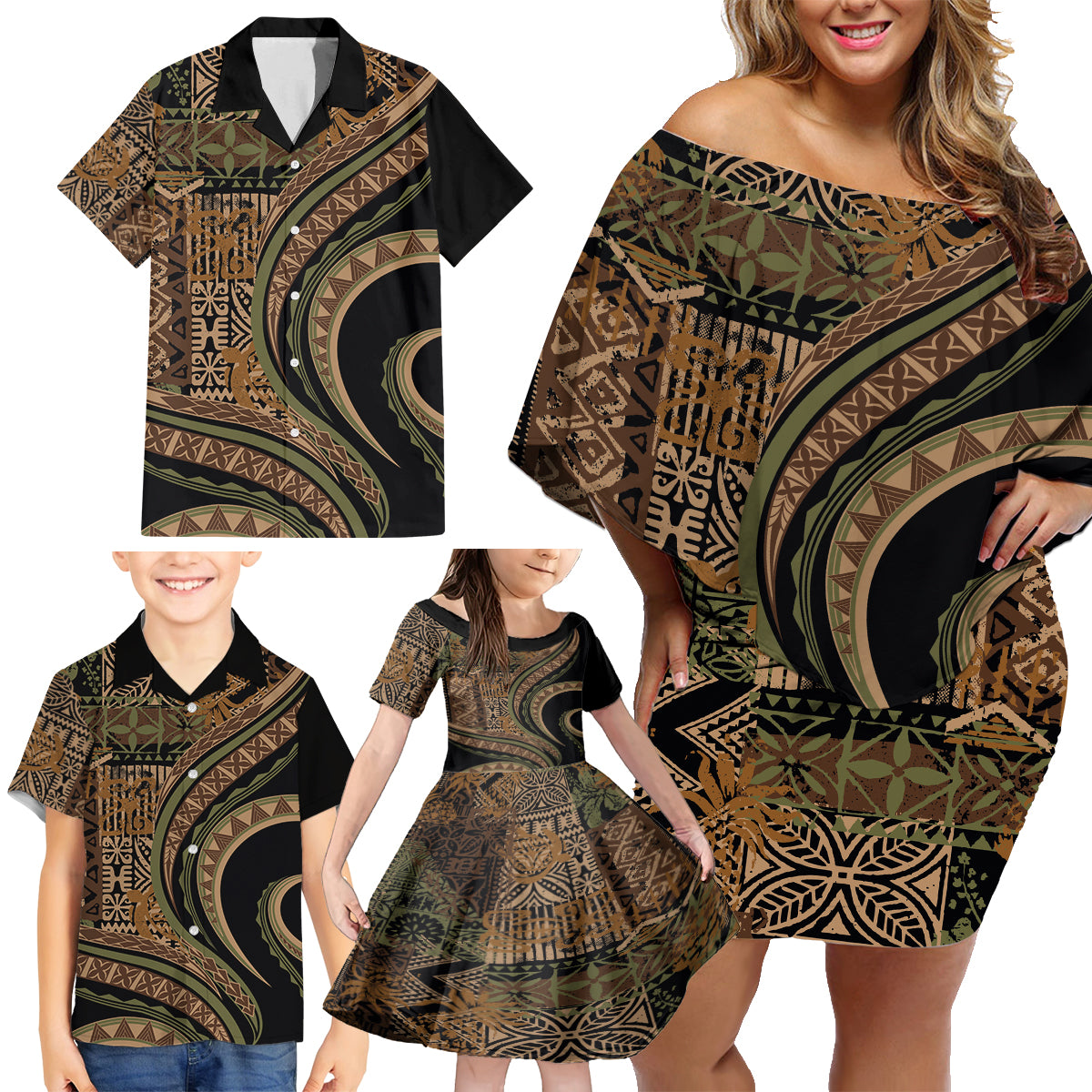 Hawaiian Hibiscus Tribal Vintage Motif Family Matching Off Shoulder Short Dress and Hawaiian Shirt Ver 8 LT9 - Polynesian Pride