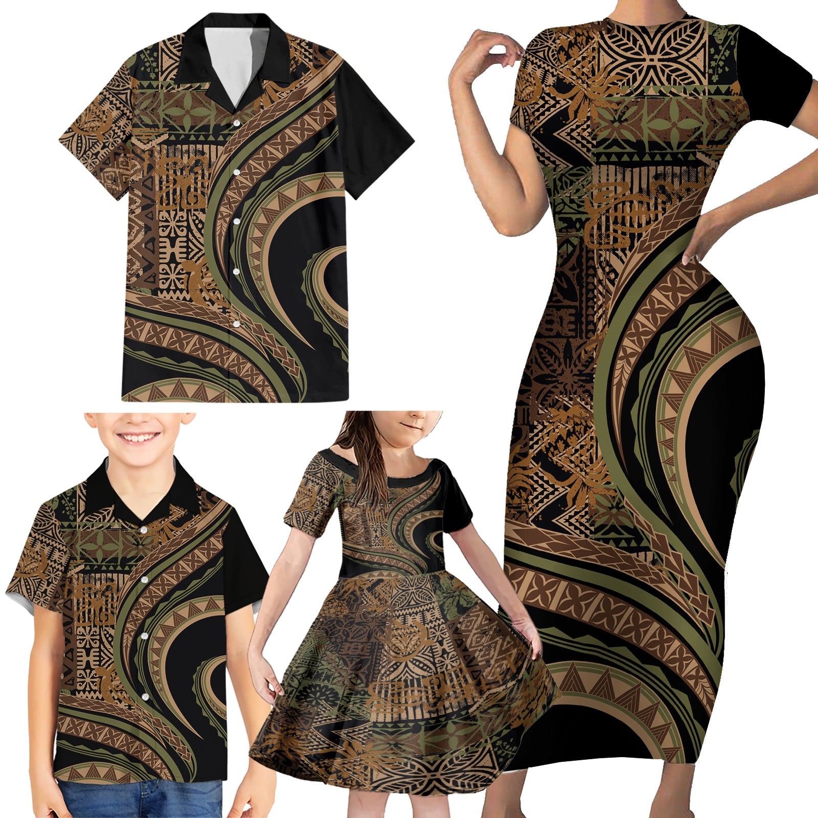 Hawaiian Hibiscus Tribal Vintage Motif Family Matching Short Sleeve Bodycon Dress and Hawaiian Shirt Ver 8 LT9 - Polynesian Pride