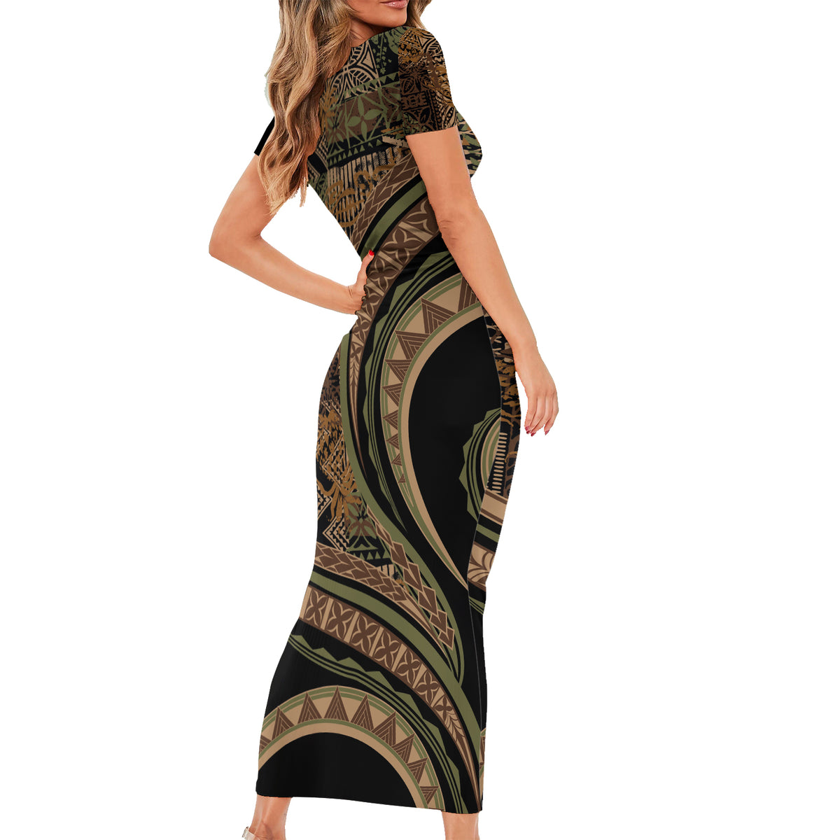 Hawaiian Hibiscus Tribal Vintage Motif Family Matching Short Sleeve Bodycon Dress and Hawaiian Shirt Ver 8