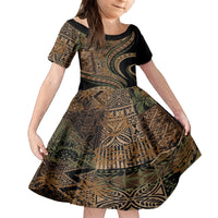 Hawaiian Hibiscus Tribal Vintage Motif Kid Short Sleeve Dress Ver 8 LT9 KID Brown - Polynesian Pride