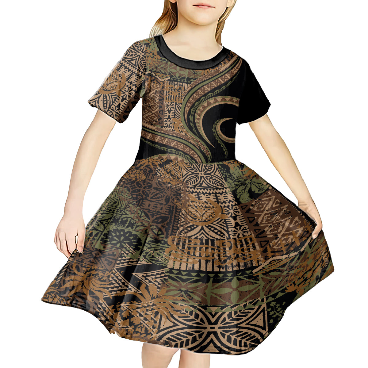 Hawaiian Hibiscus Tribal Vintage Motif Kid Short Sleeve Dress Ver 8 LT9 - Polynesian Pride