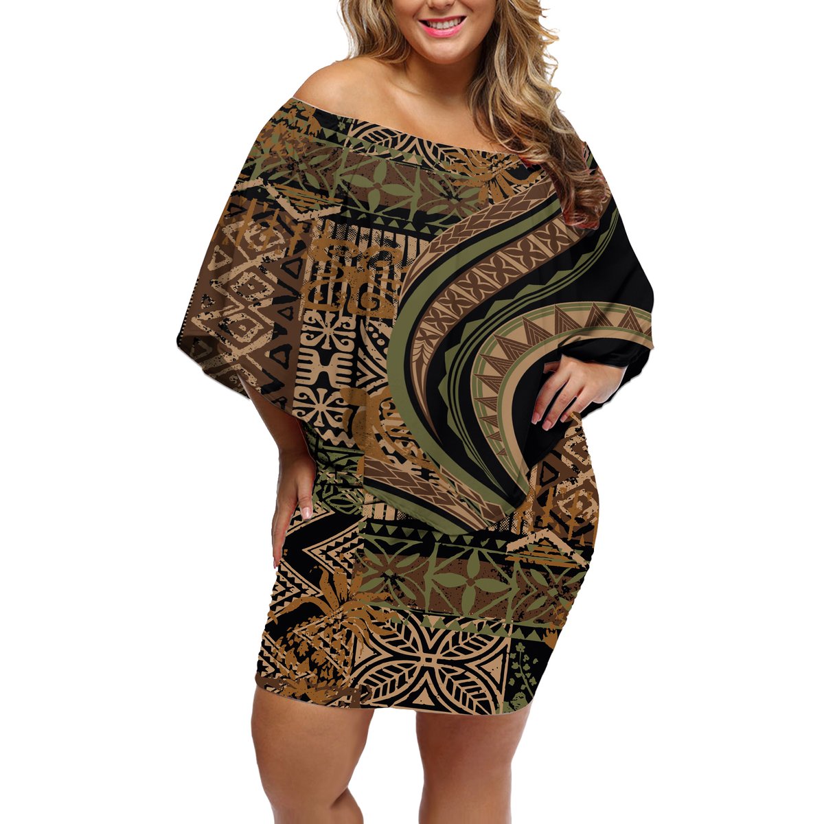 Hawaiian Hibiscus Tribal Vintage Motif Off Shoulder Short Dress Ver 8 LT9 Women Brown - Polynesian Pride