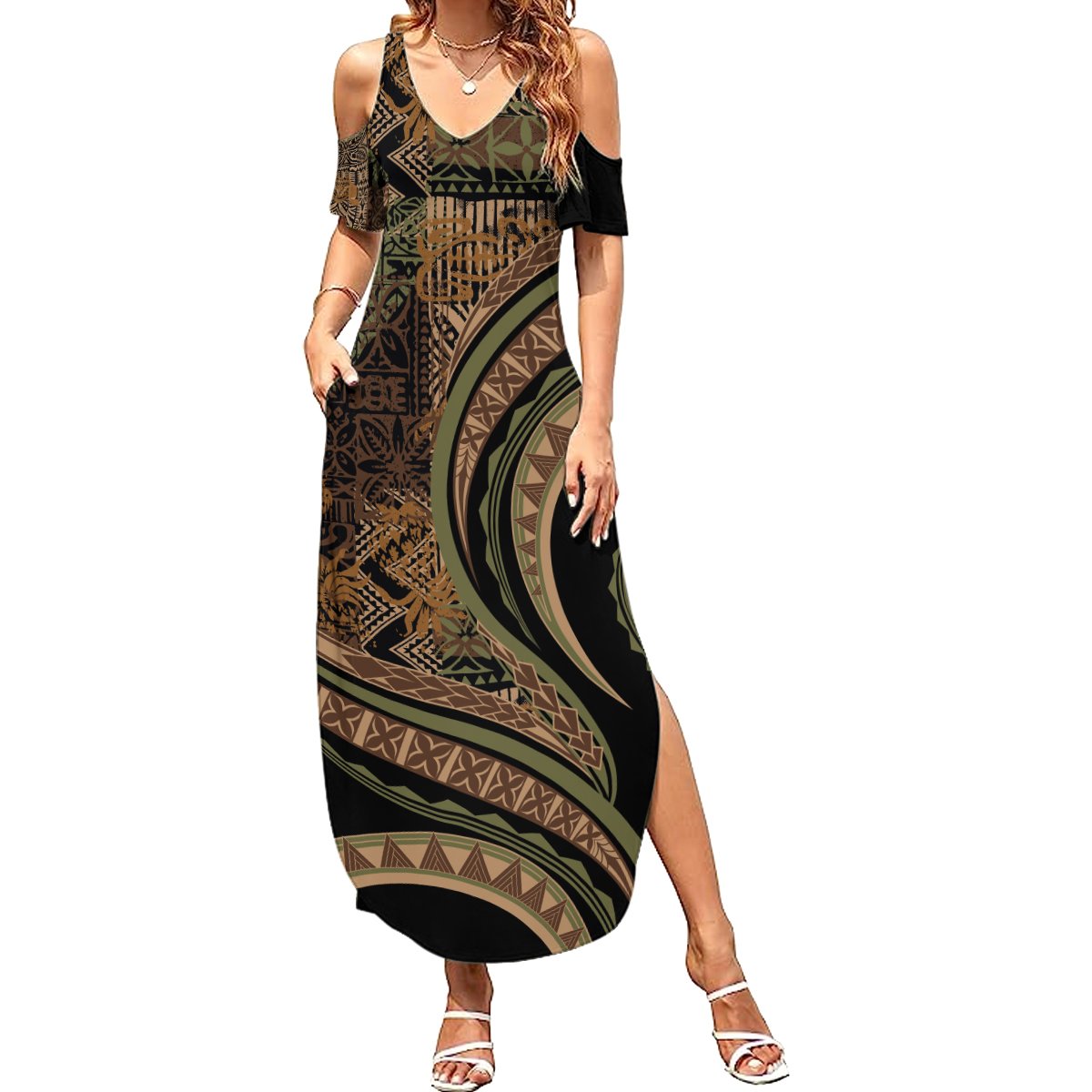 Hawaiian Hibiscus Tribal Vintage Motif Summer Maxi Dress Ver 8 LT9 Women Brown - Polynesian Pride