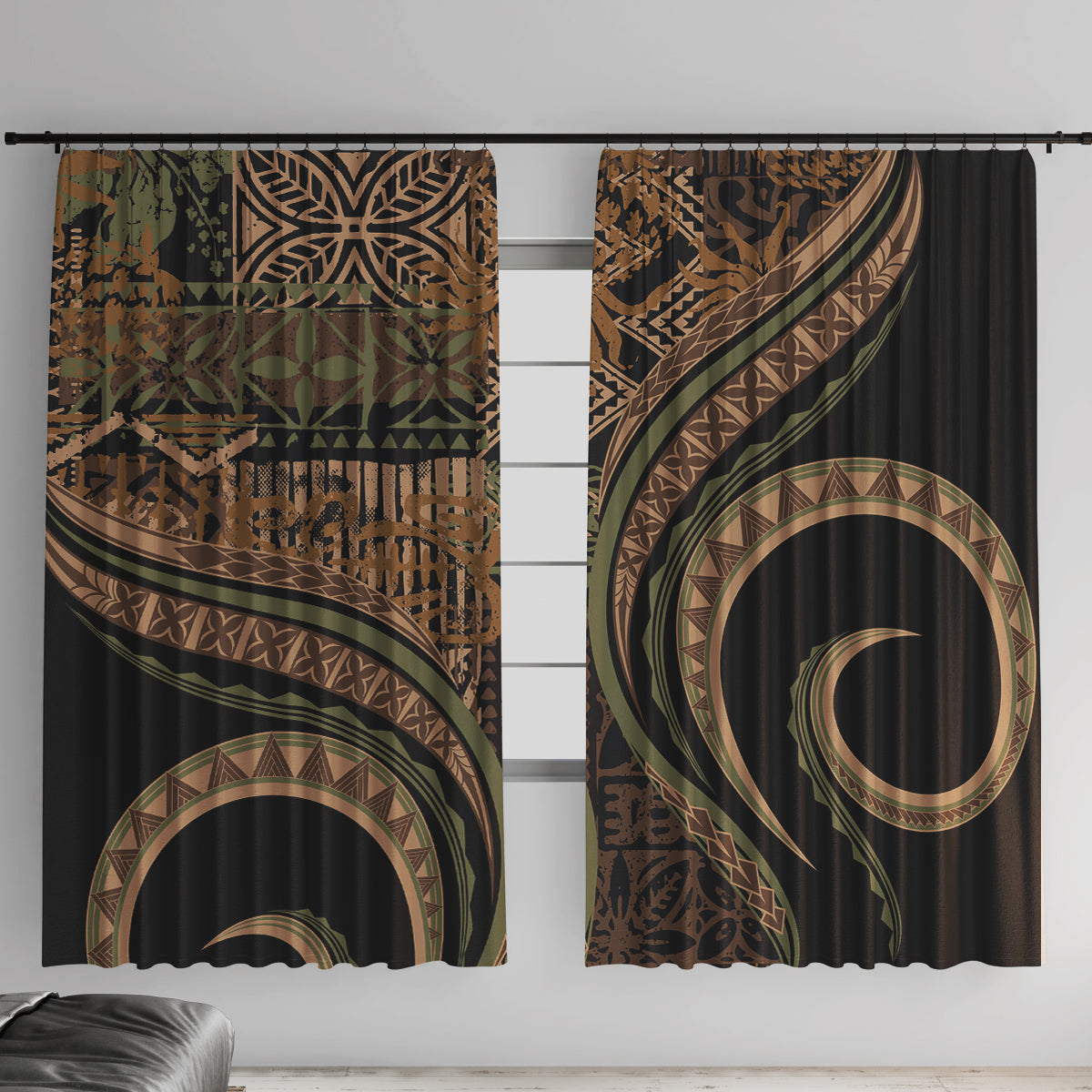 Hawaiian Hibiscus Tribal Vintage Motif Window Curtain Ver 8 LT9 With Hooks Brown - Polynesian Pride