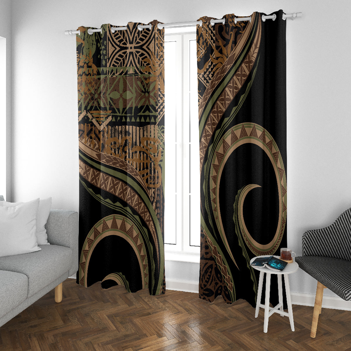 Hawaiian Hibiscus Tribal Vintage Motif Window Curtain Ver 8 LT9 With Grommets Brown - Polynesian Pride