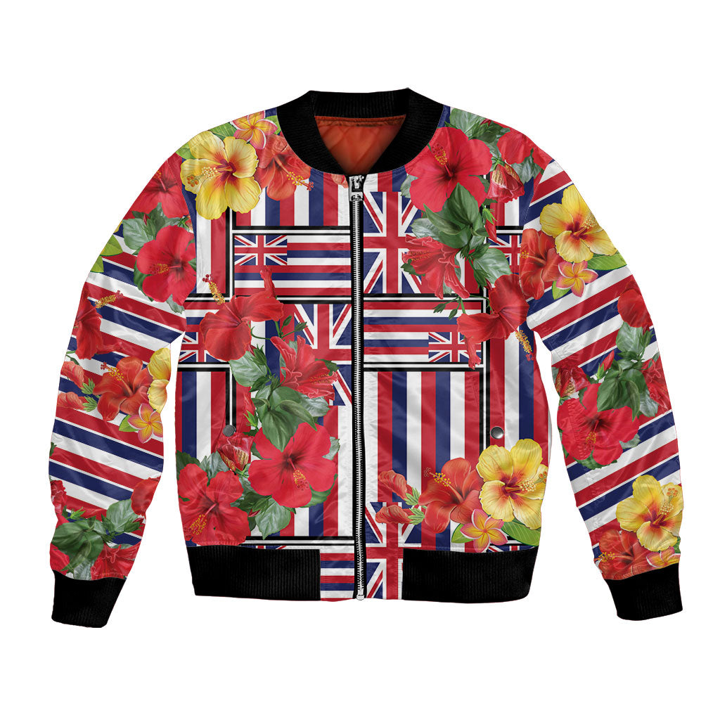 Hawaii Hibiscus Lei Bomber Jacket Hawaiian Flag Motif
