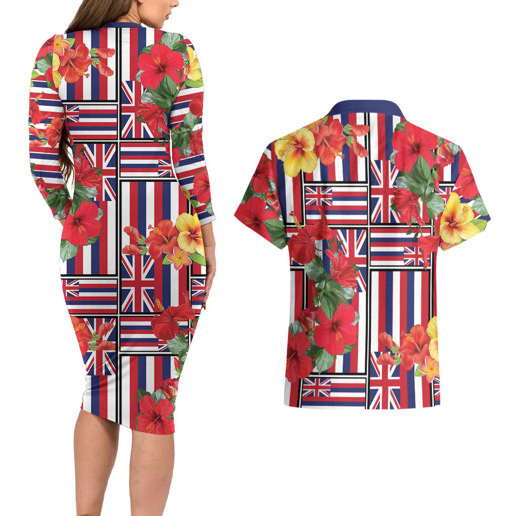 Hawaii Hibiscus Lei Couples Matching Long Sleeve Bodycon Dress and Hawaiian Shirt Hawaiian Flag Motif