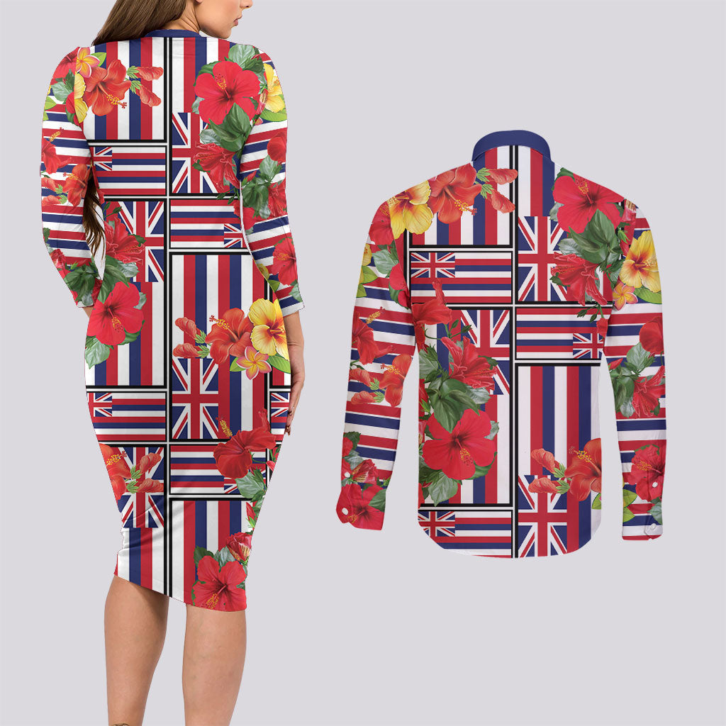Hawaii Hibiscus Lei Couples Matching Long Sleeve Bodycon Dress and Long Sleeve Button Shirt Hawaiian Flag Motif
