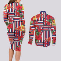 Hawaii Hibiscus Lei Couples Matching Long Sleeve Bodycon Dress and Long Sleeve Button Shirt Hawaiian Flag Motif