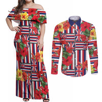 Hawaii Hibiscus Lei Couples Matching Off Shoulder Maxi Dress and Long Sleeve Button Shirt Hawaiian Flag Motif