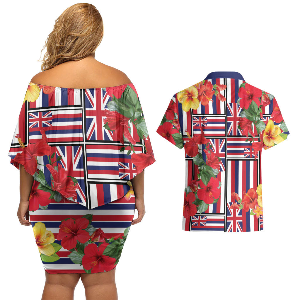 Hawaii Hibiscus Lei Couples Matching Off Shoulder Short Dress and Hawaiian Shirt Hawaiian Flag Motif