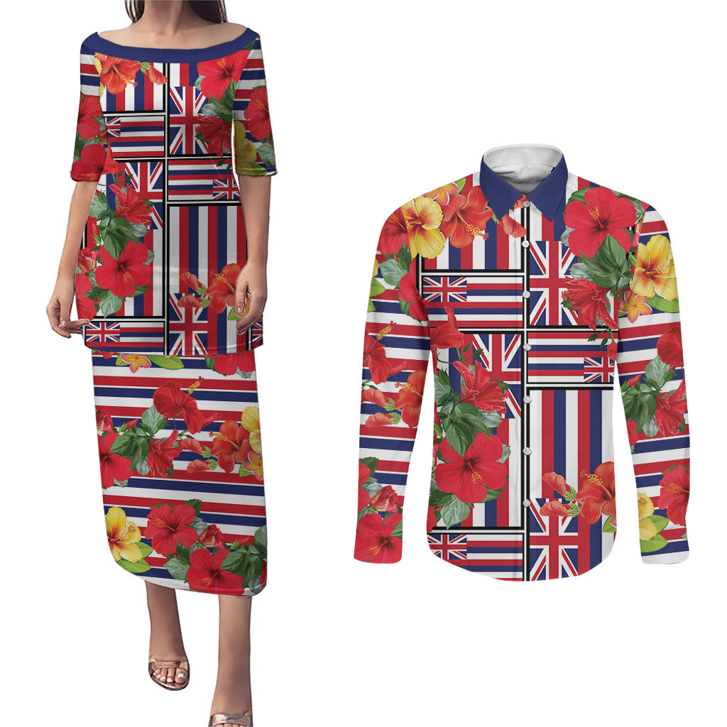 Hawaii Hibiscus Lei Couples Matching Puletasi and Long Sleeve Button Shirt Hawaiian Flag Motif LT9 Red - Polynesian Pride