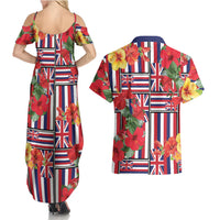 Hawaii Hibiscus Lei Couples Matching Summer Maxi Dress and Hawaiian Shirt Hawaiian Flag Motif