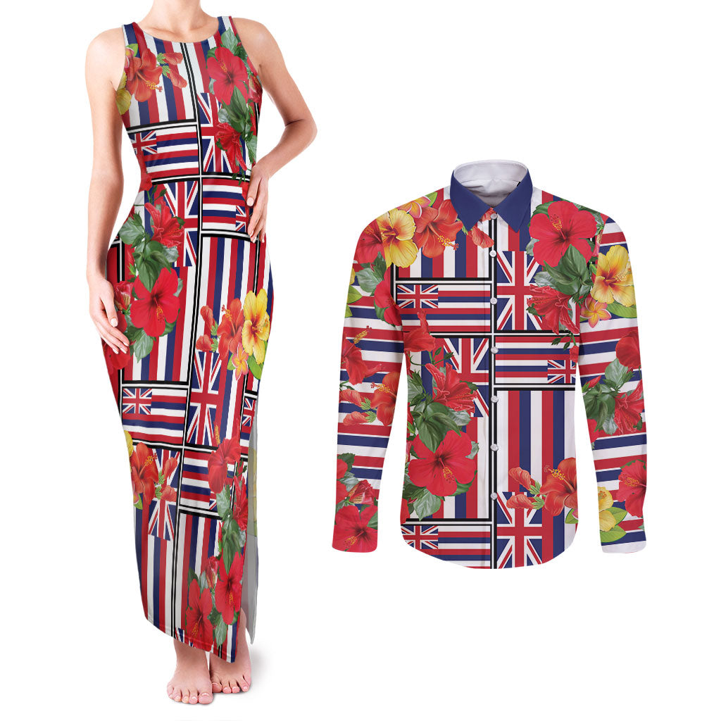 Hawaii Hibiscus Lei Couples Matching Tank Maxi Dress and Long Sleeve Button Shirt Hawaiian Flag Motif