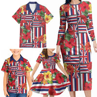Hawaii Hibiscus Lei Family Matching Long Sleeve Bodycon Dress and Hawaiian Shirt Hawaiian Flag Motif LT9 - Polynesian Pride