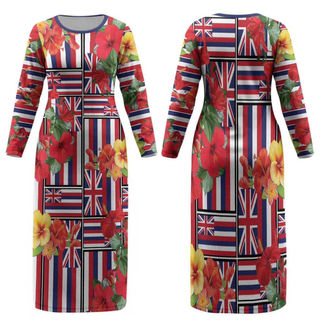 Hawaii Hibiscus Lei Family Matching Long Sleeve Bodycon Dress and Hawaiian Shirt Hawaiian Flag Motif LT9 Mom's Dress Red - Polynesian Pride
