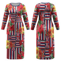 Hawaii Hibiscus Lei Family Matching Long Sleeve Bodycon Dress and Hawaiian Shirt Hawaiian Flag Motif LT9 Mom's Dress Red - Polynesian Pride