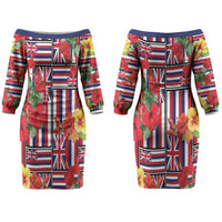 Hawaii Hibiscus Lei Family Matching Off The Shoulder Long Sleeve Dress and Hawaiian Shirt Hawaiian Flag Motif LT9 Mom's Dress Red - Polynesian Pride