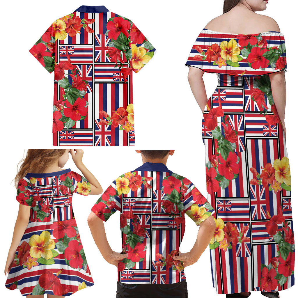 Hawaii Hibiscus Lei Family Matching Off Shoulder Maxi Dress and Hawaiian Shirt Hawaiian Flag Motif