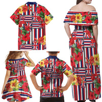 Hawaii Hibiscus Lei Family Matching Off Shoulder Maxi Dress and Hawaiian Shirt Hawaiian Flag Motif
